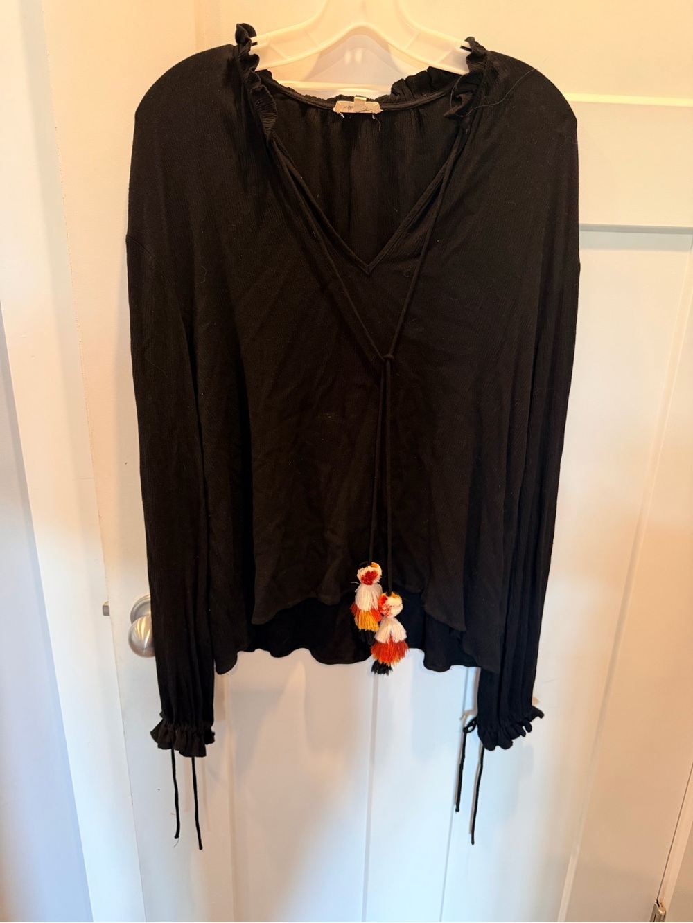 In Loom Black Boho Tassel Tie Blouse Small Ruffle Neck Peasant Top